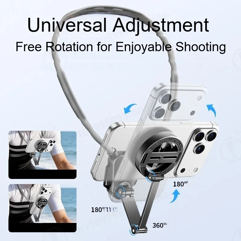 Neck Mount Phone Camera Holder, Strong Magnetic Clip, 720° Adjustable, For POV Shooting, Cycling, Fishing, Comfortable Wear
