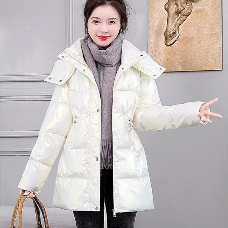 2024 New Women Down Cotton-Padded Jacket Mid-Length Thickened Hooded Cotton-Padded Jacket Bright Surface Cold-proof Coat