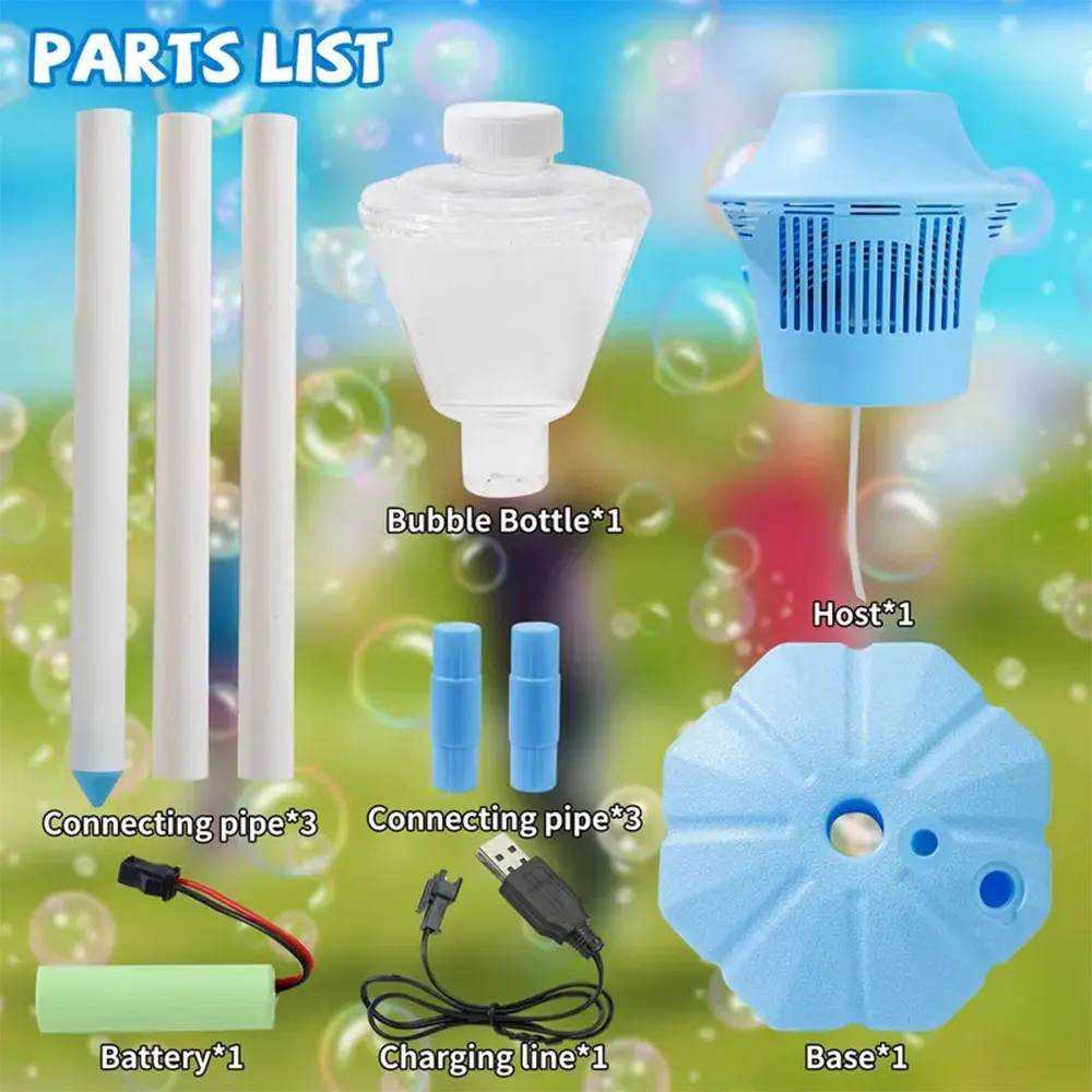 เครื่องทำฟองสบู่แบบชาร์จไฟได้ ปรับระดับได้ พร้อมไฟและเสียงเพลง เครื่องทำฟองสบู่แนวตั้งอัตโนมัติ สำหรับงานแต่งงาน
