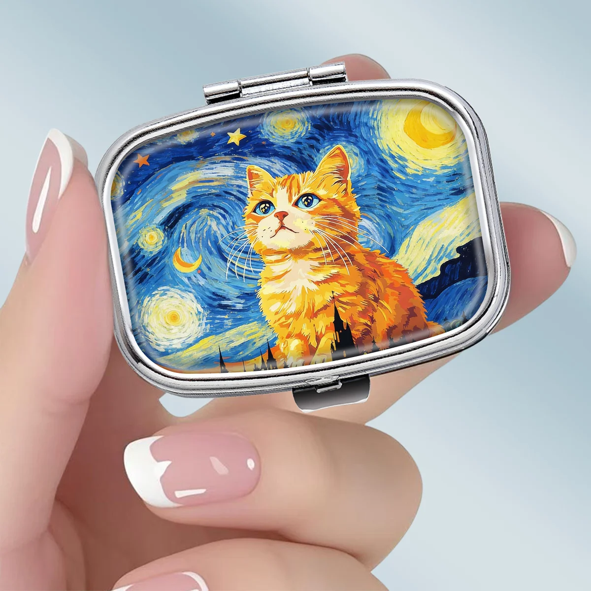 1PC Artistic Starry Night Orange Cat Theme Square 2-Compartment Pill Box - Portable Medicine and Vitamin Storage Box, suitable for hand-carrying or travel use, unique small gift, wallet pill box