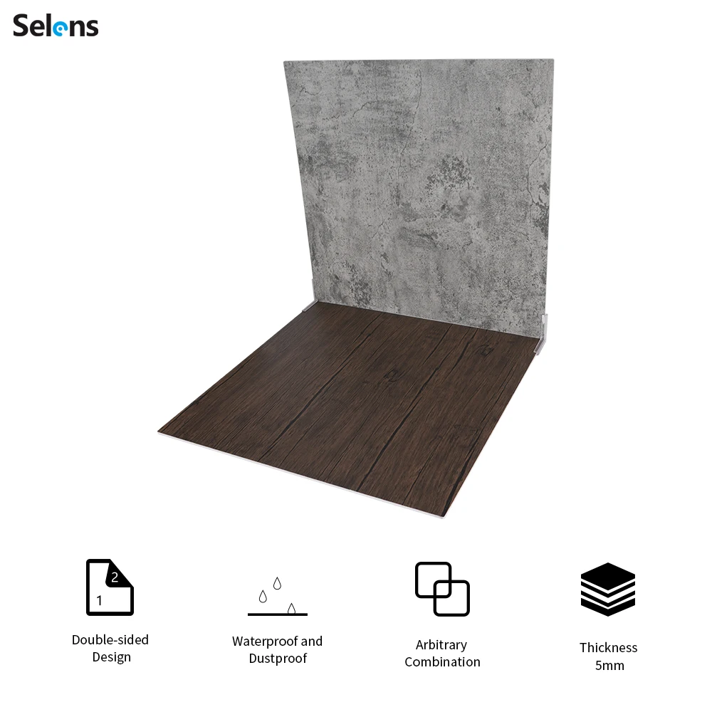 Selens 55x55cm Photography Backdrop Boards Kit 2Pcs Flat Lay Tabletop Vertical Double Sided Wood Texture Cement Backdground