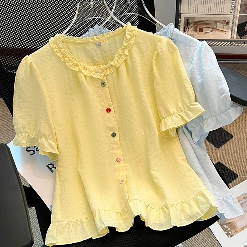 Fashion Women Ruffled O Neck Blouse Sleeve Summer Single Breasted Slim Top Korean Cute Ladies Top