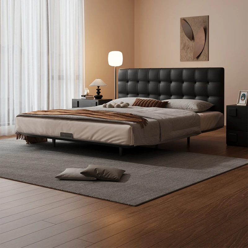 Genuine leather suspended bed master bedroom black waffle grid thin headback bed modern minimalist flush edge bed