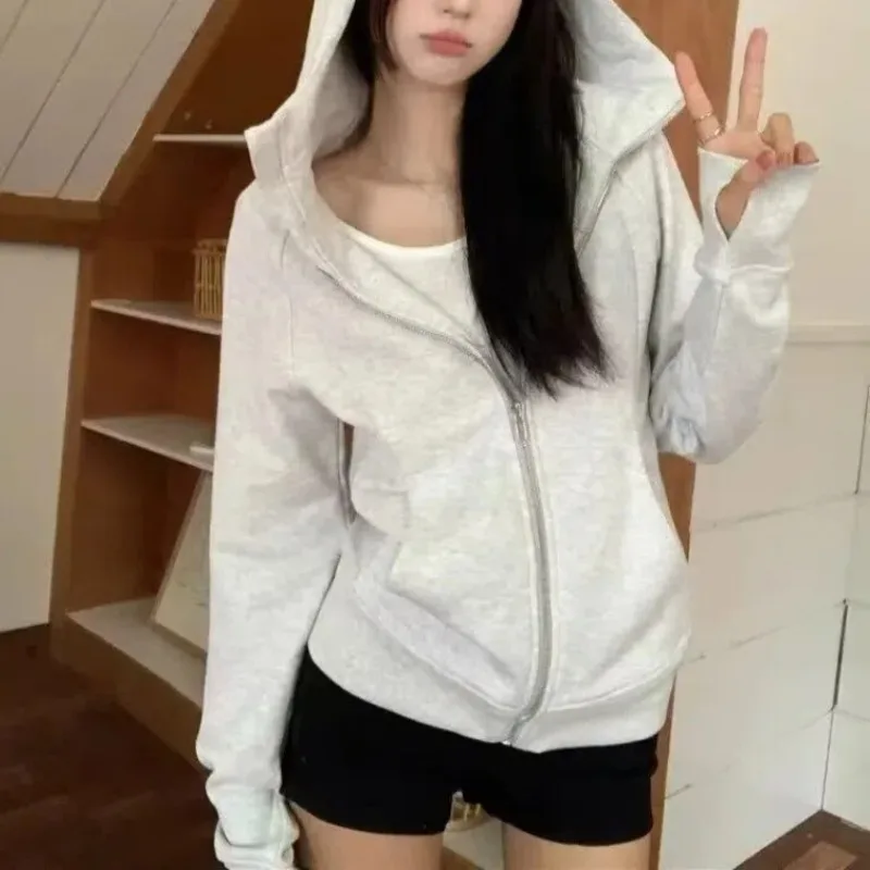 Women\'s Clothing Hoodies Spring Autumn Solid Color Zipper Pocket Lantern Long Sleeve Hooded Coats Casual Fashionable Tops