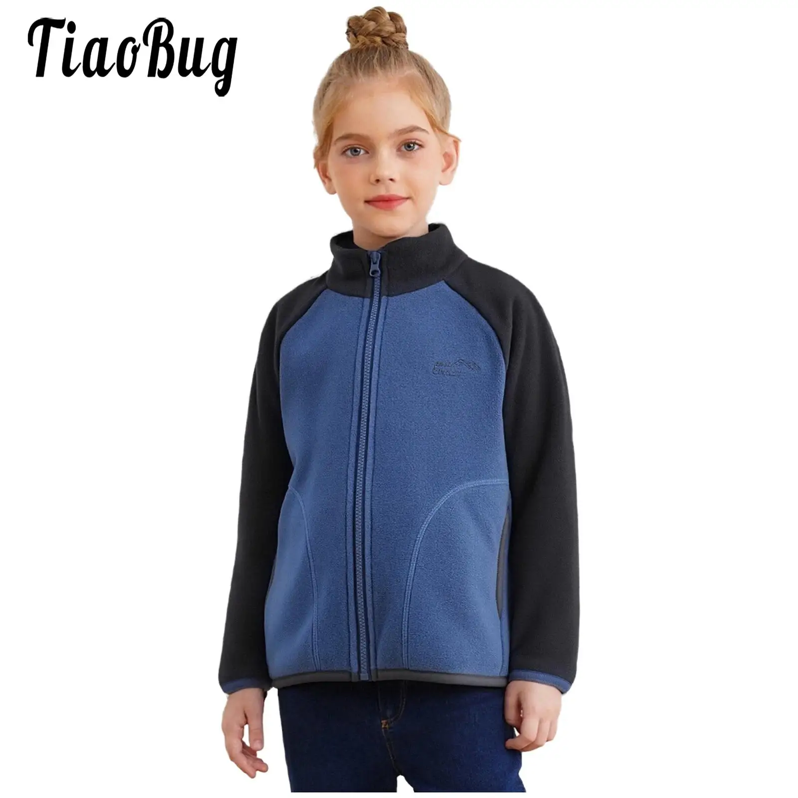 

Kids Girls Boys Warm Fleece Zip-Up Jacket Winter Coat Stand Collar Long Sleeves Color Block Coat Warm Outerwear with Pockets