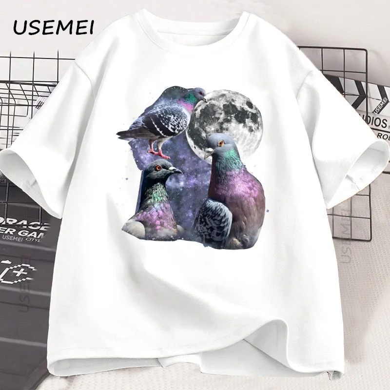 

Three Pigeon Retro Graphic T-shirts Pigeon Moon T Shirt Oversized Bird Tee Men Women Printed Cotton Short Sleeve Clothes Tops