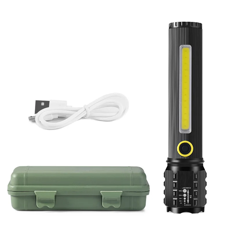 Portable Rechargeable Zoom LED Flashlight COB Flash Light Torch Lantern 3 Lighting Modes Camping Light Outdoor Led Flashlight