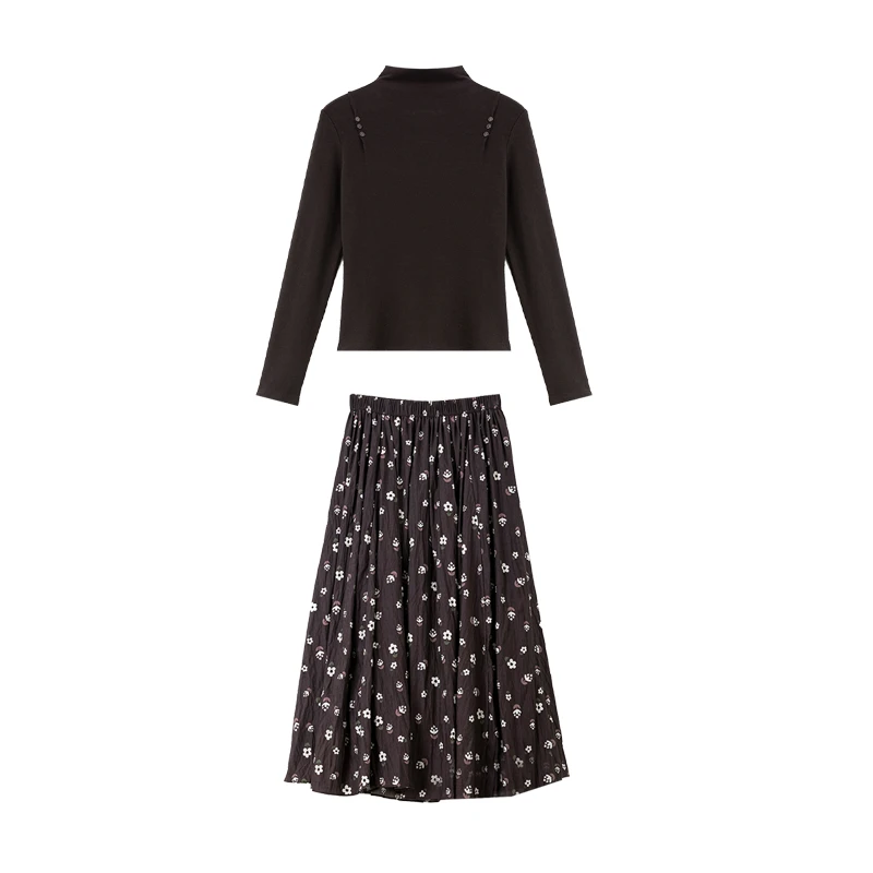 VIMLY Women's Autumn Skirt Suits 2025 Casual Knitted Tops Floral Print Folds Long Skirts Elegant Sets for Woman 2 Pieces A2961