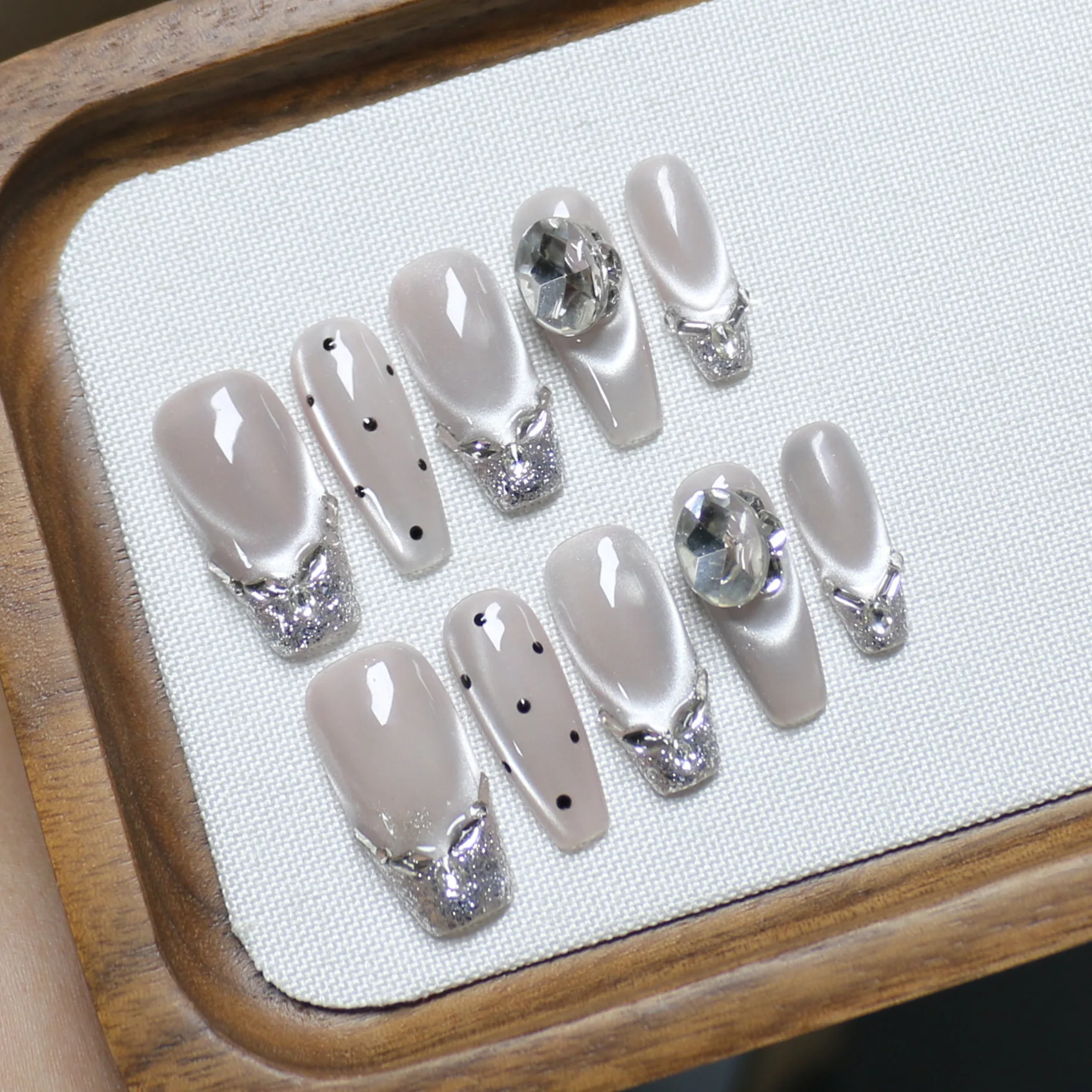 10 قطعة الخريف/الشتاء اليدوية الصحافة على الأظافر تألق الزركون الفرنسية القط العين التغطية الكاملة مسمار نصائح للنساء والفتاة أظافر صناعية #2