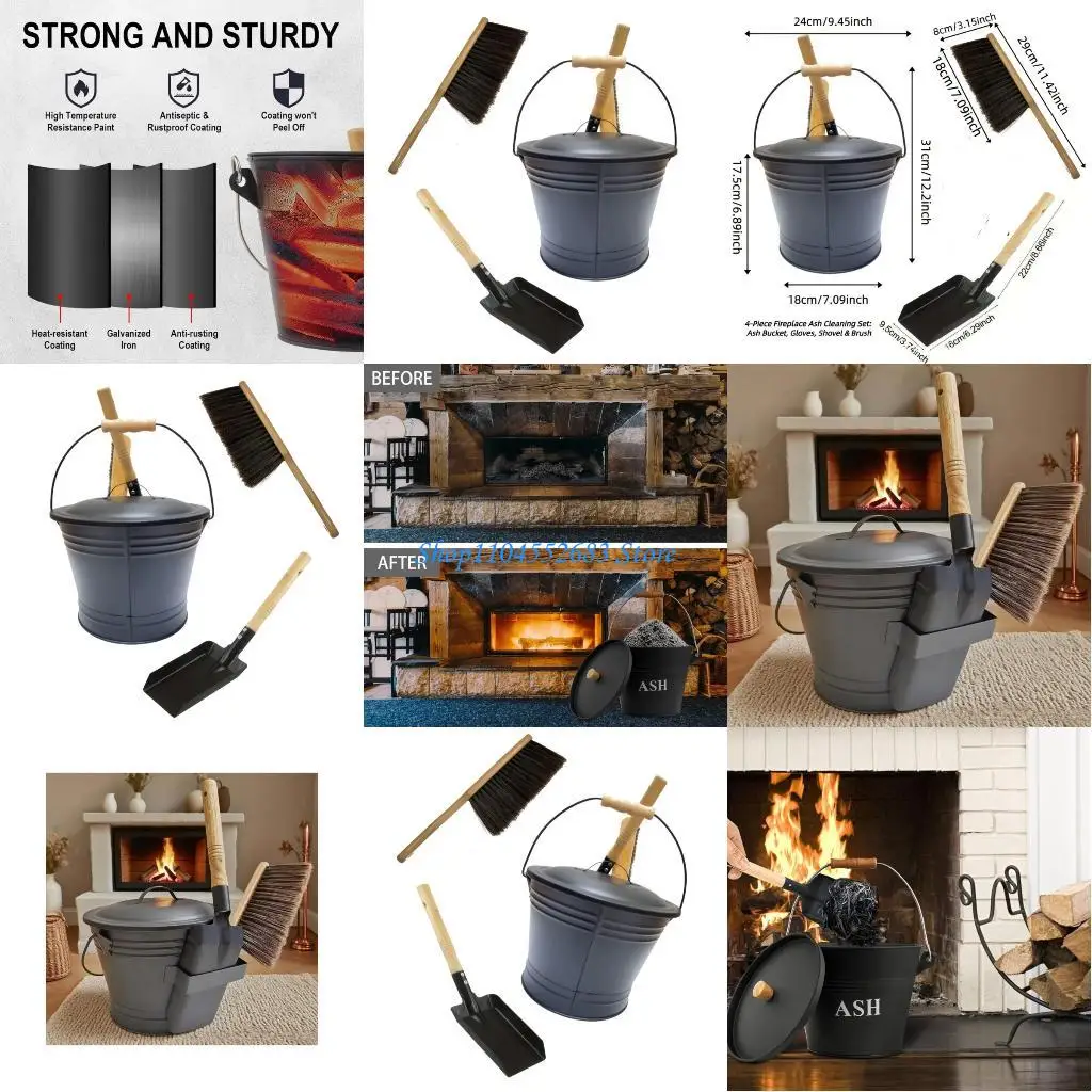 

Y6GD Fireproof Ashes Bucket with Shovel and Brush Cleaning Tool for Hearth Maintenance
