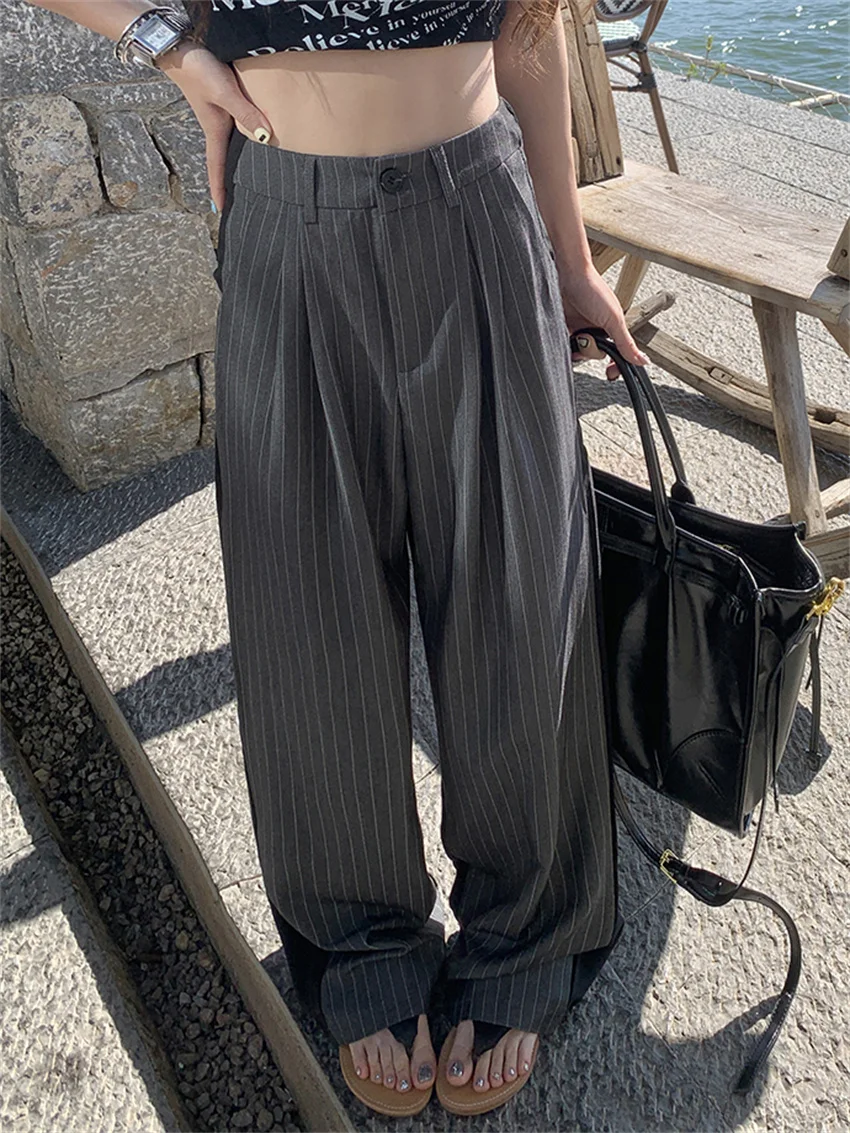 PLAMTEE Grey Stripes Straight Trousers Women Summer Loose High Waist 2024 Fashion Streetwear Casual All Match Fashion Pants