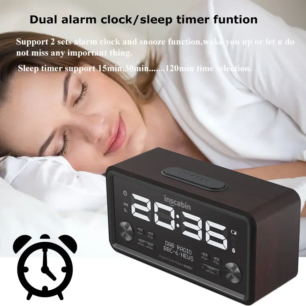 Home Desktop Bedroom Radio With LCD Display Alarm Clock Inscabin W20B DAB/FM Digital Radio Double Bluetooth Speakers Boom Box DC