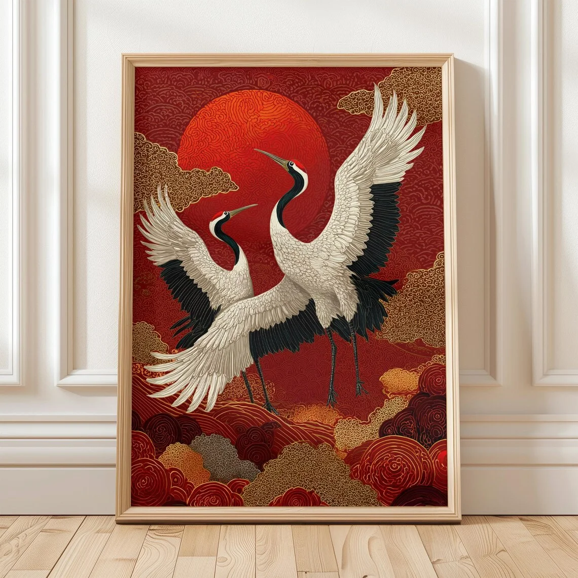 2026--Japanese Crane Wall Art – Red and Gold Oriental Bird Print, Traditional Asian Poster, Elegant Unframed Home Decor