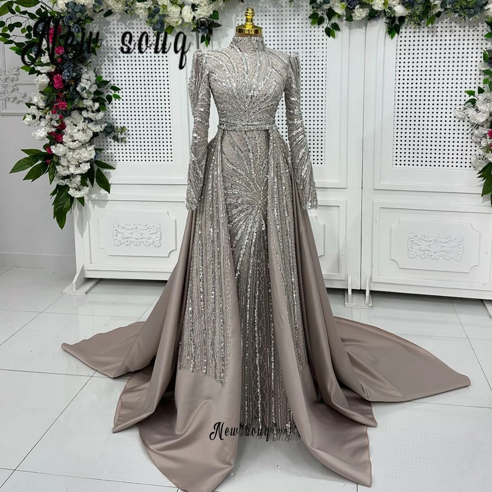 Naher Osten Muslimisches Khaki-Abendkleid mit Überrock, Übergröße, Damen-Hochzeitsgastkleid, Robe de Mariée 2025, formelles A-Linien-Kleid