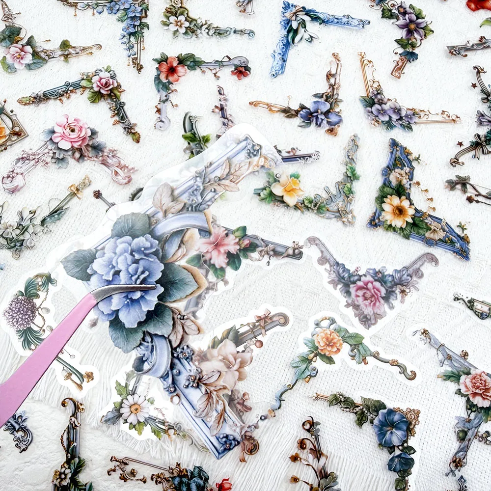 50pcs Retro Flower Frame PET Stickers Decals For Phone Laptop Notebook Refrigerator Guitar DIY Aesthetic Transparent Stickers