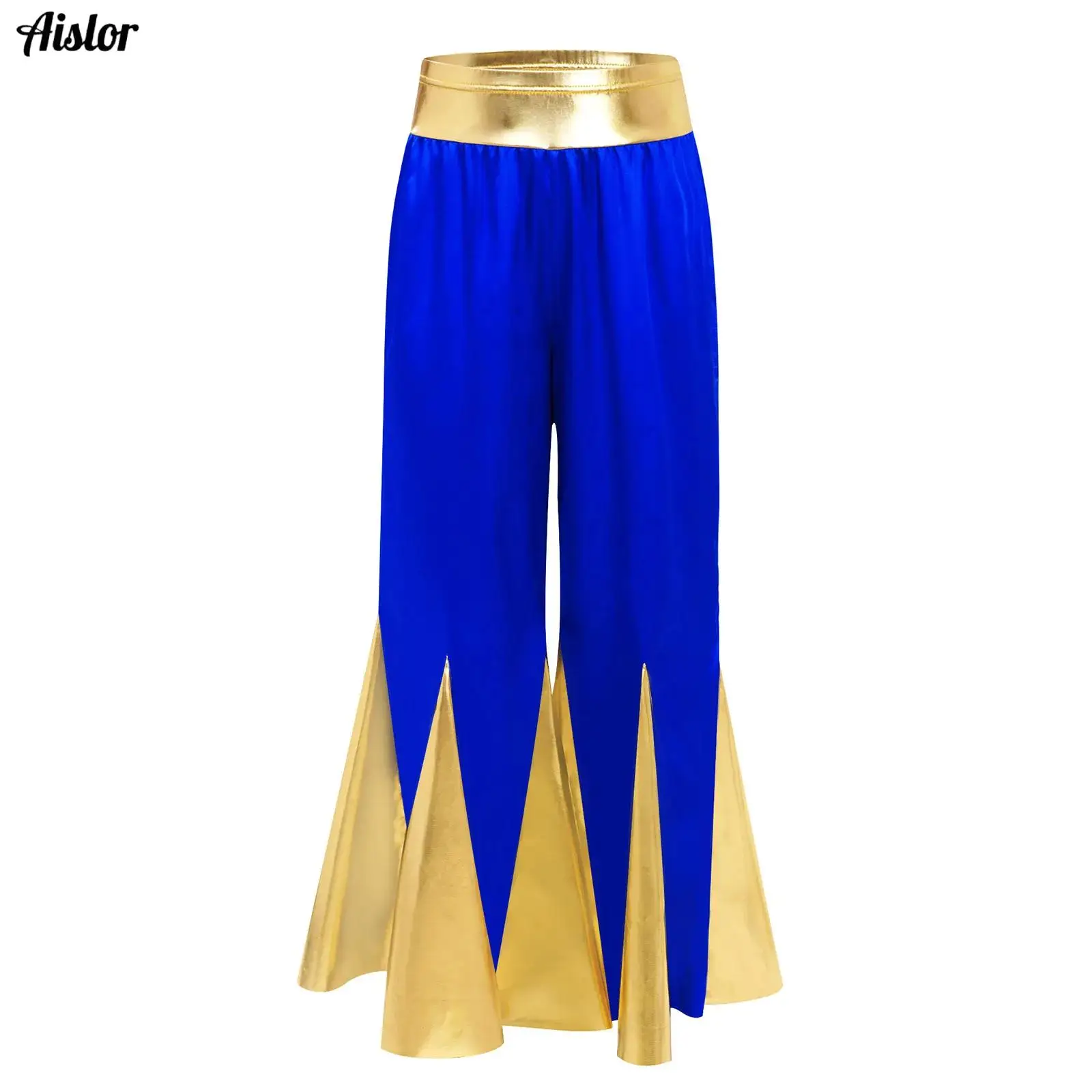 

Kids Girls Liturgical Praise Lyrical Dance Pants Choir Worship Performance Costume Metallic Color Block Bell-Bottomed Pants