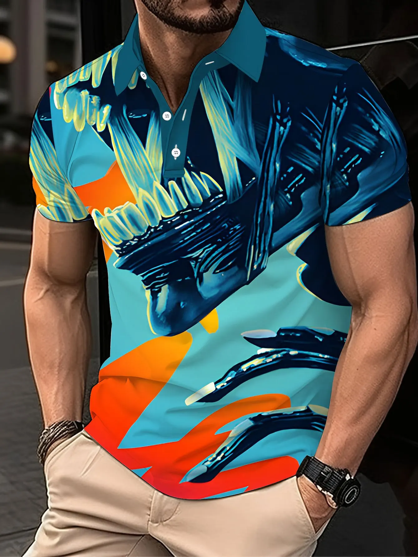New men's short-sleeve polo shirt T-shirt, loose-fitting and tailored with printed patterns, versatile basic crew-neck top suita
