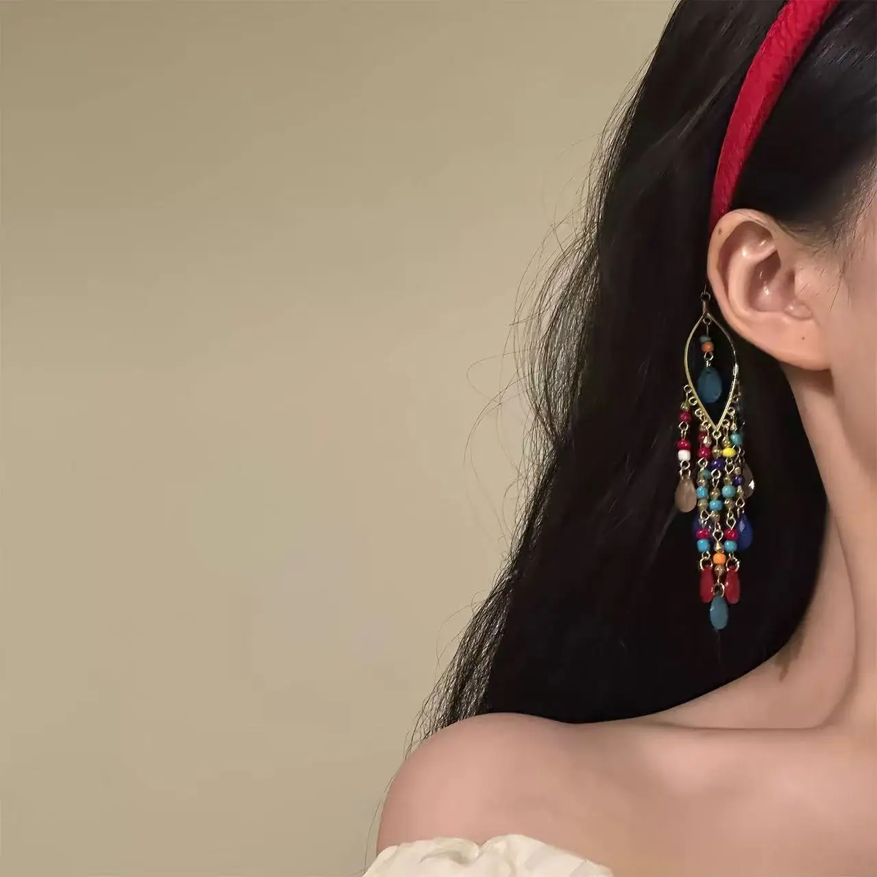 

Богемная красная повязка на голову с бахромой и бисером в экзотическом стиле, аксессуар для волос для женщин