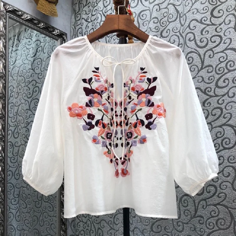 

New 2023 Summer Fashion Style Blouses High Quality Ladies Floral Embroidery 3/4 Sleeve Casual White Striped Print Tops Female