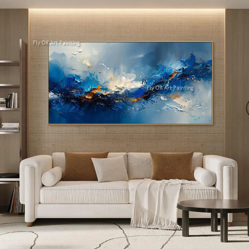 New Design Handmade Dark Blue Abstract Thick Oil Painting Simple Blue White Knife Canvas Wall Art Large Artwork For Room Decor