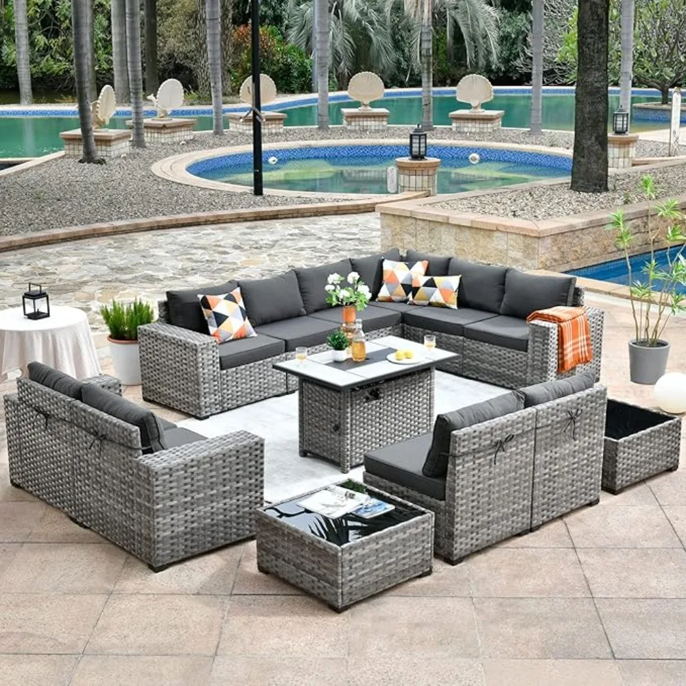 

Garden Sofas,Patio Outdoor Sectional Furniture Set with Gas Propane Fire Pit Table,Wicker Conversation Sofa Set,Garden Sofas