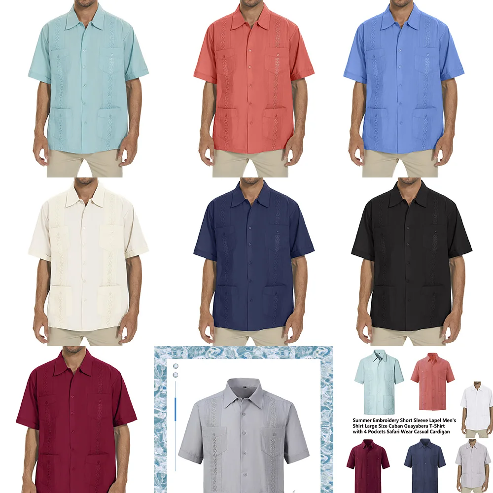 Summer Embroidery Short Sleeve Lapel Men's Shirt S-3XL Cuban Guayabera T-Shirt with 4 Pockets Safari Wear Casual Cardigan