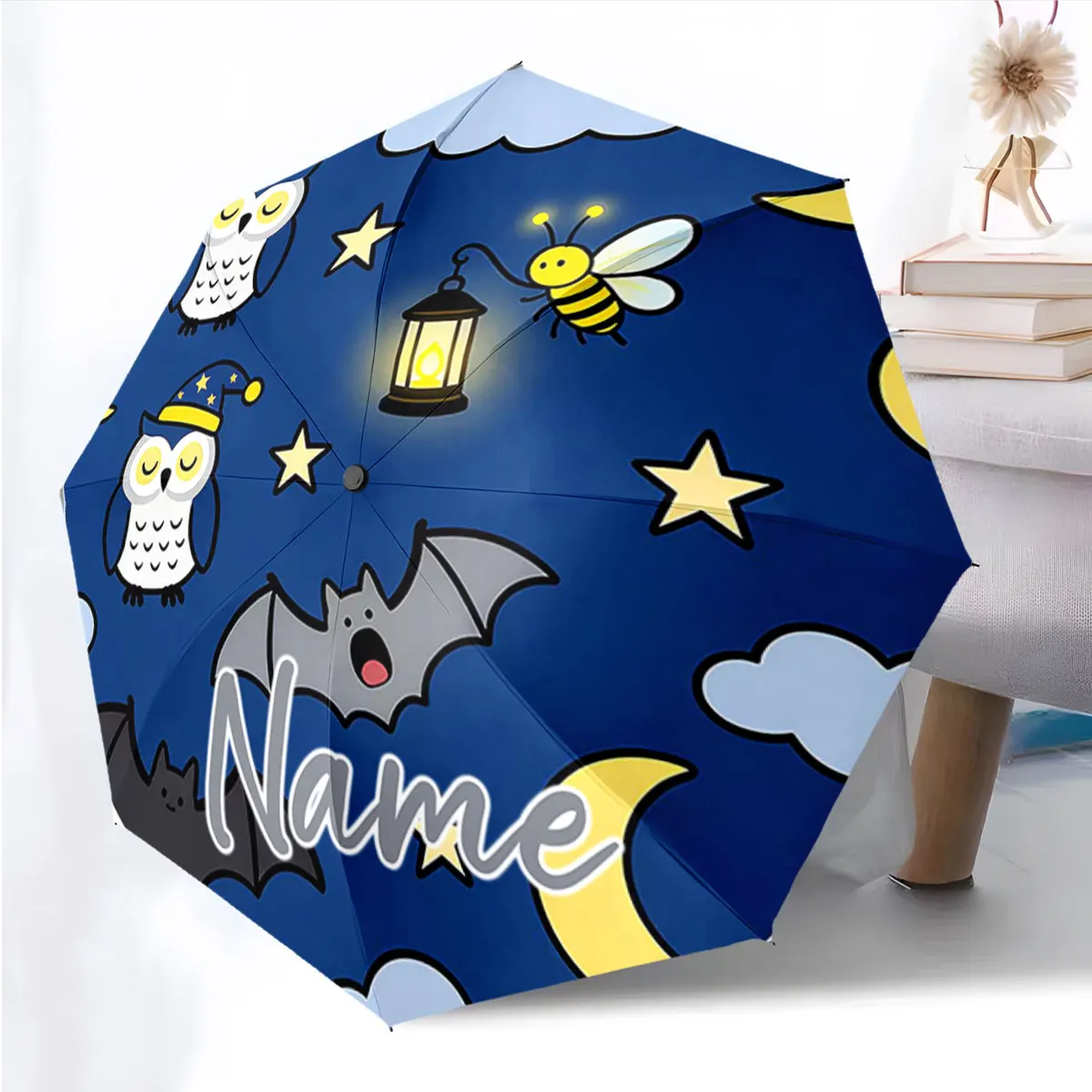 Custom Name Umbrella Night Owl Adventures Umbrella Print 8 Iron Ribs Folding Umbrella Auto-Open Fashion Sunshade
