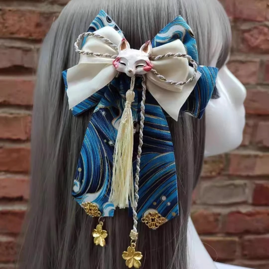 Girls Fox Sakura Tassels Side Clip Cute Big Bowknot Hairpin Headwear Japanese Kimono Haori Lolita Hair Accessories