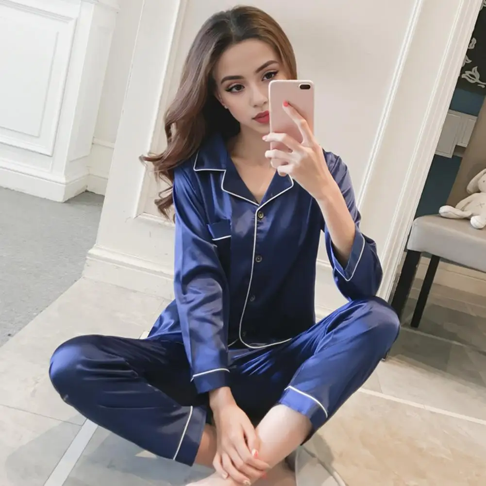 Lapel Design Pajama Top Elegant Women's Silk Pyjama Set with Long Sleeve Button Top Elastic Waist Trousers for Home for All