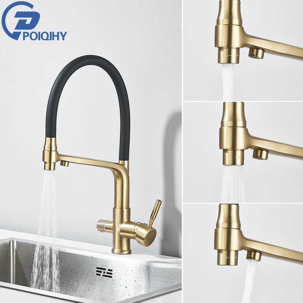 

POIQIHY Brushed Gold Filter Kitchen Faucet Pull Down Filtered Faucets Black Brass Crane Dual Handle Spout Hot Cold Mixer Tap