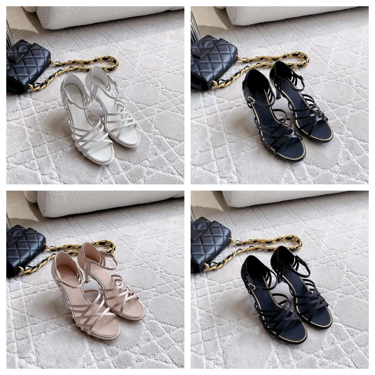 

Small fragrant wind drill buckle cross braided strap sexy high heel sandals female one word strap hollow fine heel shoes