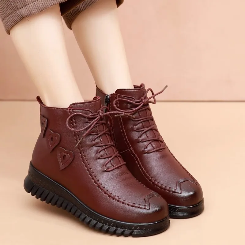 Women ankle boots winter 2024 fashion black wine red leather boats waterproof snow shoes for women\'s boots