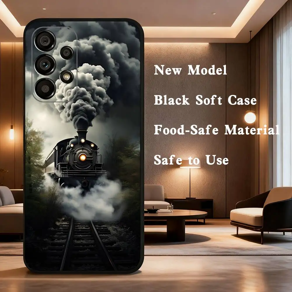 Classic Steam Train Railway Phone Case For Samsung Galaxy A73,31,32,72,41,53,52,71,22,5G,Note,J7,8,9 Soft Black Cover