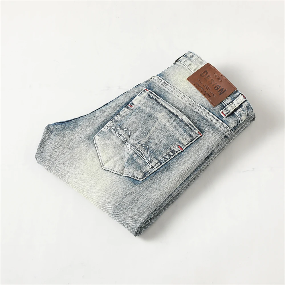 Italian Style Fashion Men Jeans Retro Yellow Blue Elastic Stretch Slim Ripped Jeans Men Patchwork Designer Vintage Denim Pants