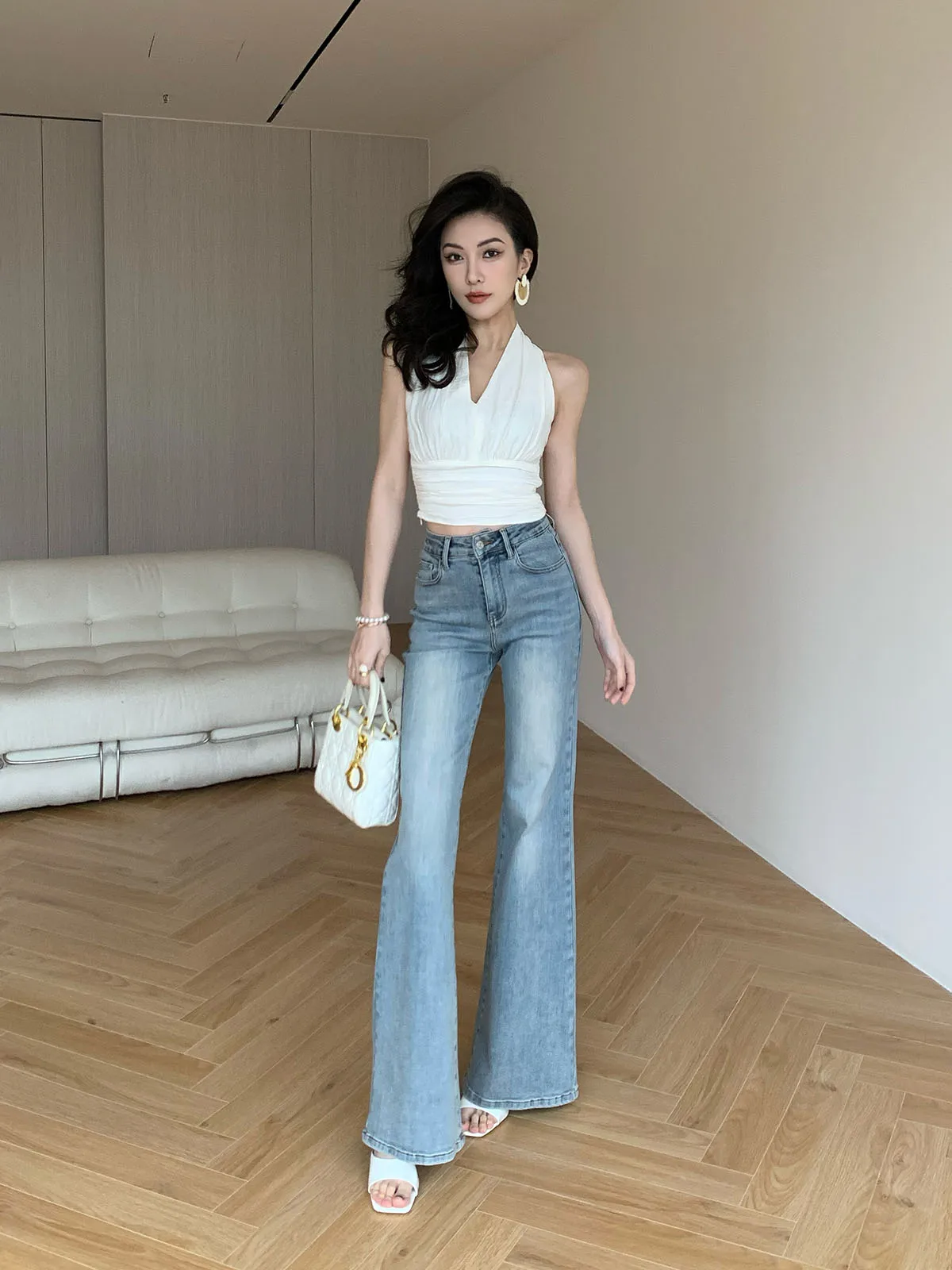 

Женские прямые джинсы JIJINQI в стиле ретро с высокой талией, однотонные, универсальные, модные, простые повседневные брюки на весну-осень