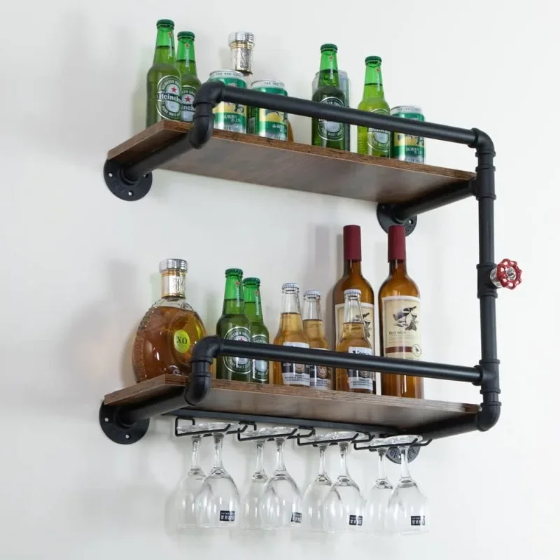 Wine Rack Wall Mounted 2 Tier, Hanging Floating Small Mini Bar Liquor Shelves with Glass Holder Storage Under, Industrial Rustic