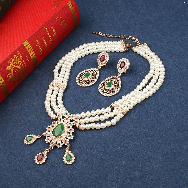 Ensemble de bijoux de mariage arabe, pendentif en cristal vert, ceinture en métal marocaine, Imitation de perle, boucles d'oreilles, collier pour femmes,