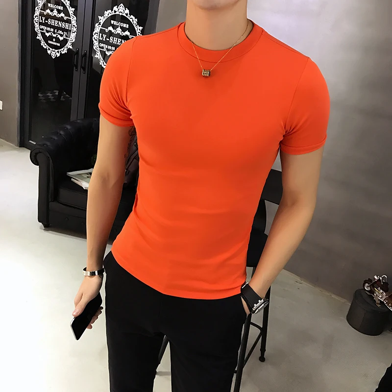 Summer High Quality Cotton T-Shirt For Men Luxury New Short Sleeve Solid Slim Fit Tight Elastic Tee Pullover Fitness T-shirt