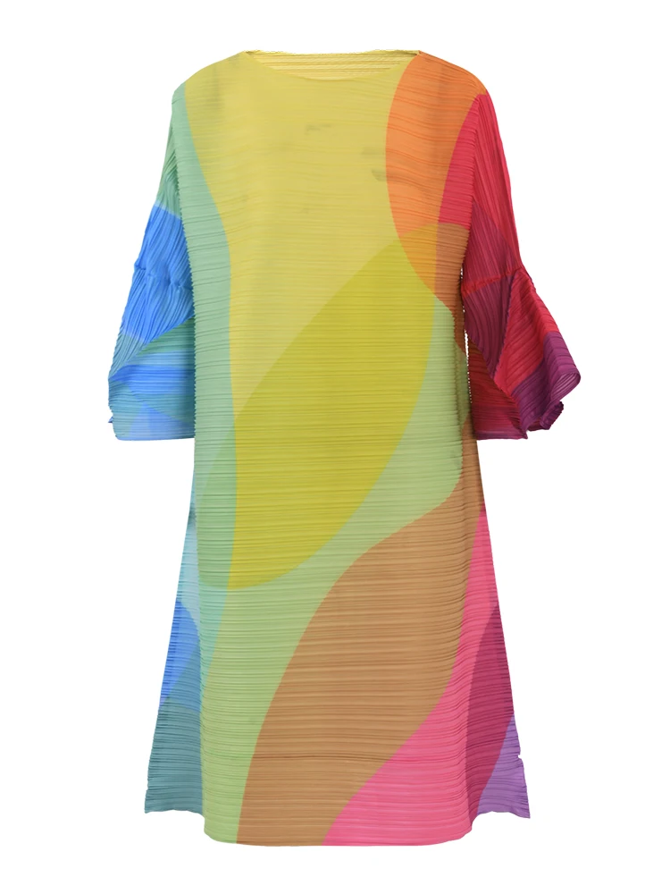 Imagem -05 - Lanmrem-vestido Colorido com Impressão Plissada de Comprimento Médio Feminino Mangas Lare Solto A-line Vestidos com Cores Contrastantes Novo Primavera 2023 2aa3008