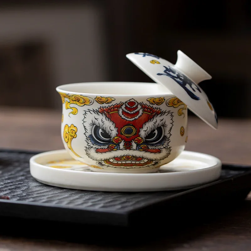 National Tide Lion Cloth Bag Hover Revolving Cover Bowl Teacup Single High-end Tea Bowl Ceramic Pot Bearing Kung Fu Tea Set