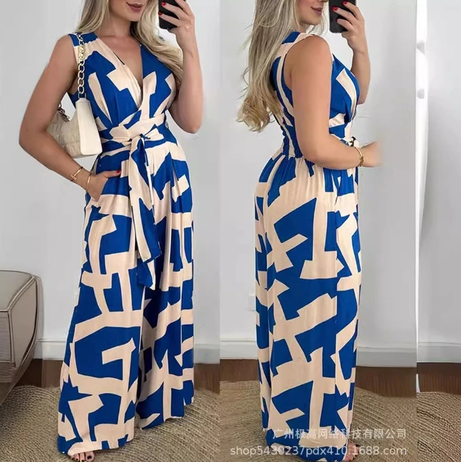 

Women's Summer New Style Sleeveless Printed Jumpsuit Deep V-Waist Tie Up Fashionable and Stylish Commuting Jumpsuit