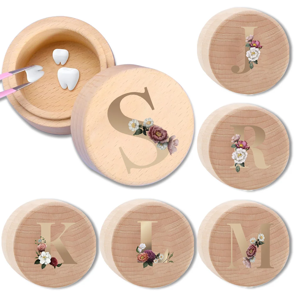 

1pc Round Wooden Tooth Keepsake Box Small Circular Jewelry Box Tooth Memorial Storage Case Gold Letter Pattern