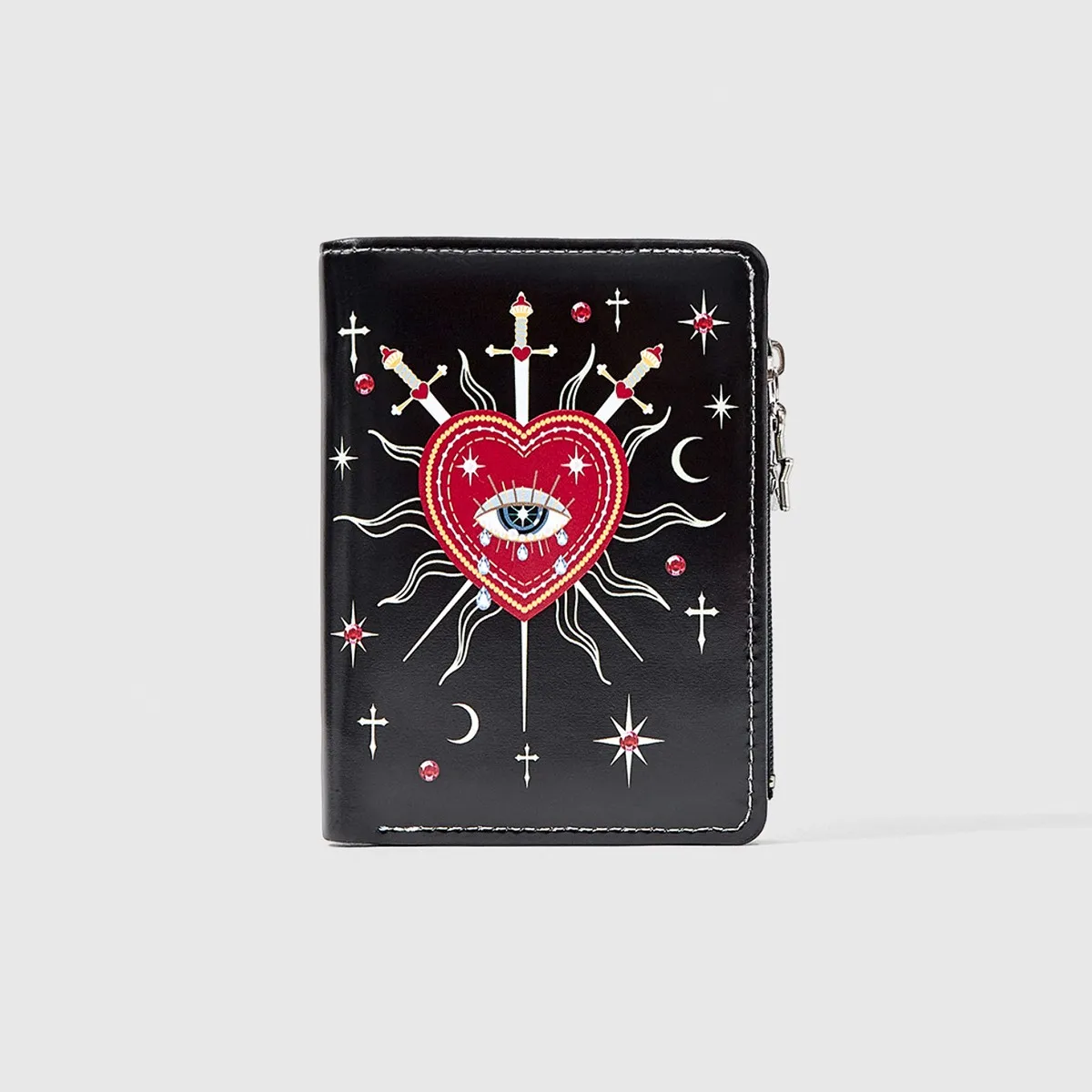 Creative Print Short Wallet, Palace Heart Gem Eye Star Sun Cross Sword Design, Multi-Function Zipper Card & Coin Purse for Daily