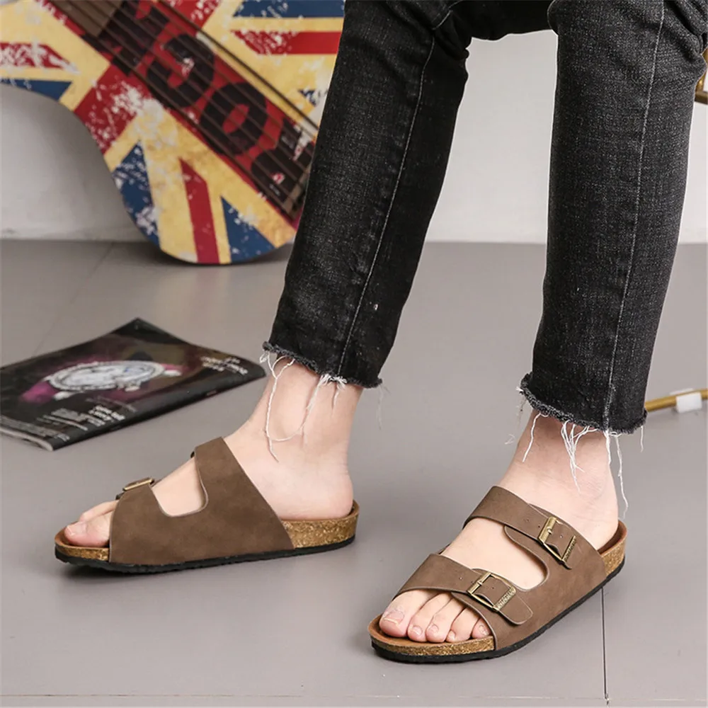 2024 New Summer Men\'s Cork Slippers Flats Flock Mule Clogs Sandals Soft Male Two Buckle Beach Slides Footwear For Men Shoe Black