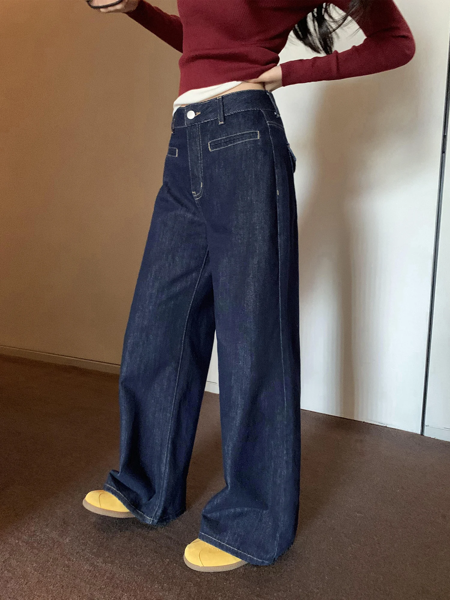 

Джинсы с высокой талией и широкими штанинами, прямой крой, на подкладке, женские свободные брюки длиной до пола, винтажные женские модные джинсы