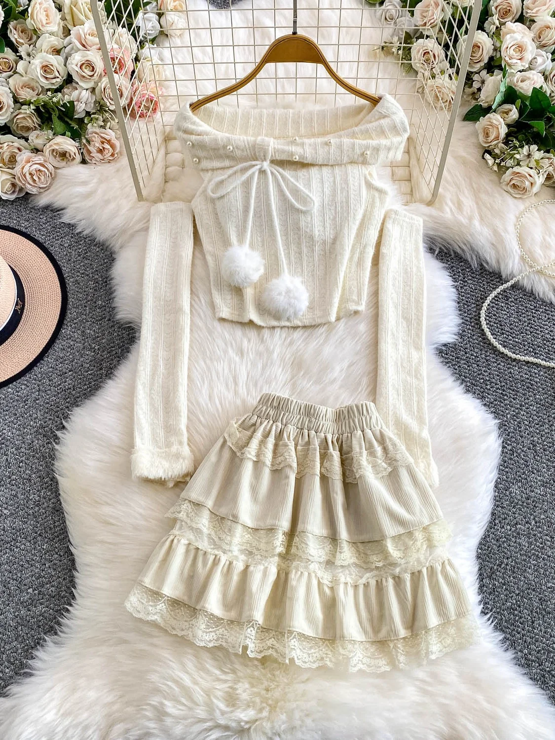 

Вязаная юбка на одно плечо Sweet Knot Heavy Embellied, комплект с кружевной юбкой для торта, дышащий повседневный наряд