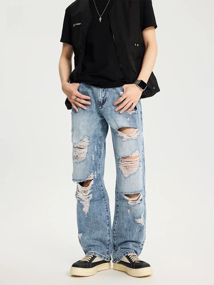 

JFU Men's Straight Leg Jeans Casual Ripped High Street Sle mid Waist Long Pants Breathable Cotton 00% Spring Summer Collec...