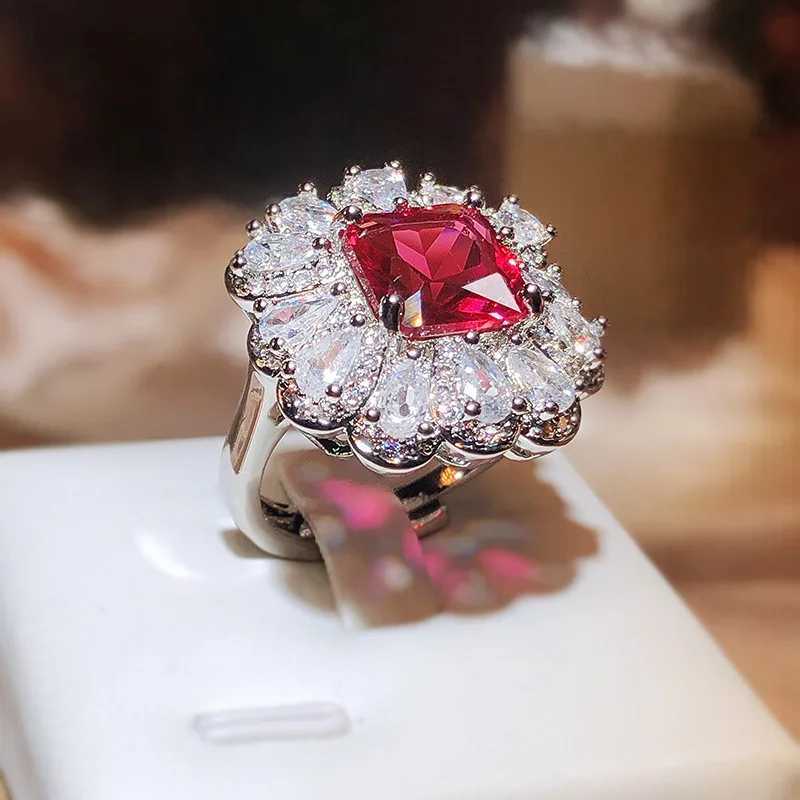 Charm Female Red Zircon Imitation Ruby Flower Ring Cute Sterling Silver Color Open Ring Summer Wedding Jewelry For Women