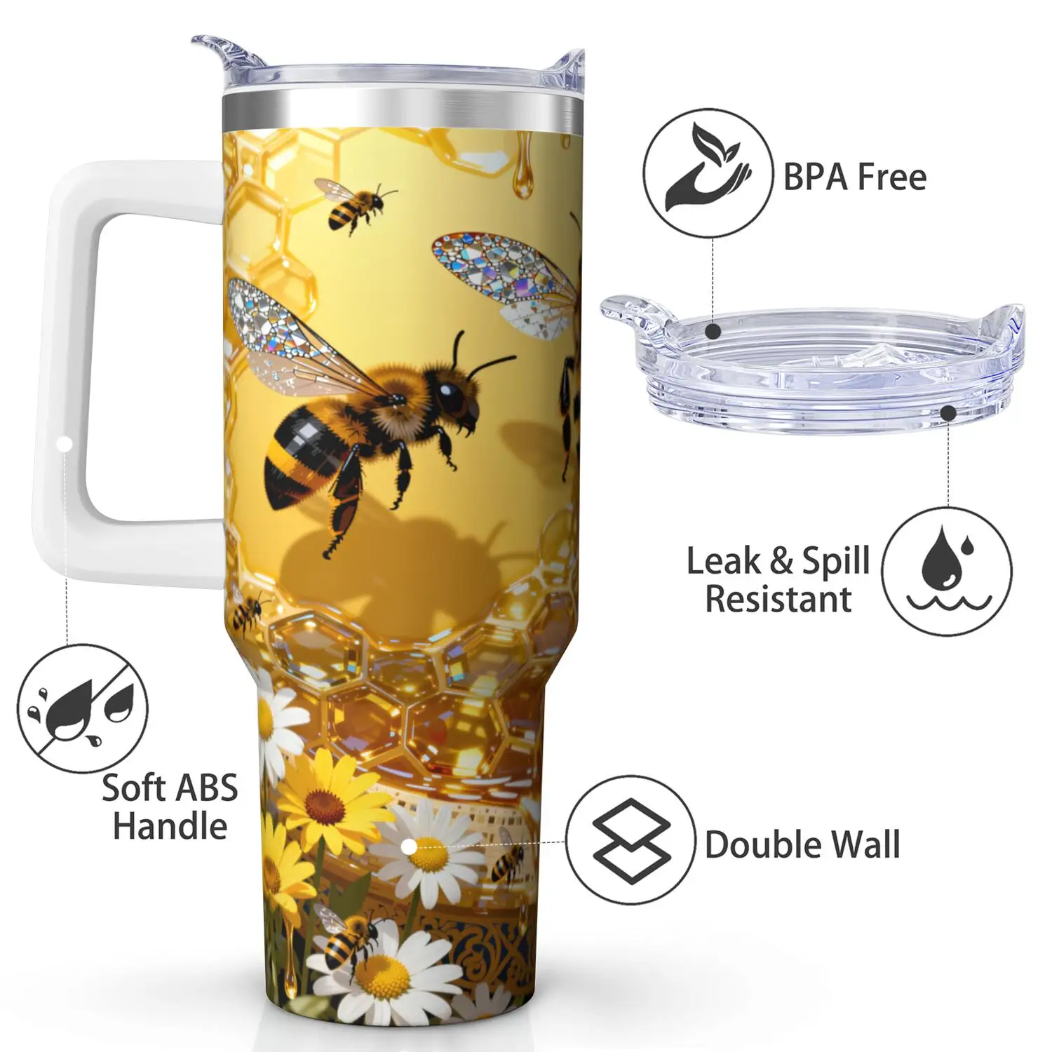 1ps Honey Bee Handle Cup Set with Straw, Maximum Capacity 40oz, Inner Layer 304 Stainless Steel, Outer Layer 201 Stainless Steel, Seamless Inner Liner, Lid Made of PC Material, Suitable for Home, Office, Outdoor, Sports, and Car Use