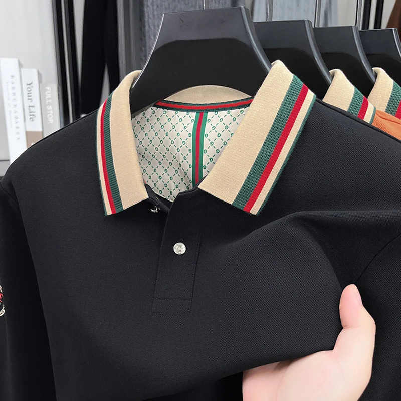 

Light luxury trend long sleeve polo shirt comfort unique striped color blocked lapel Letter embroidery men quality brand T-shirt